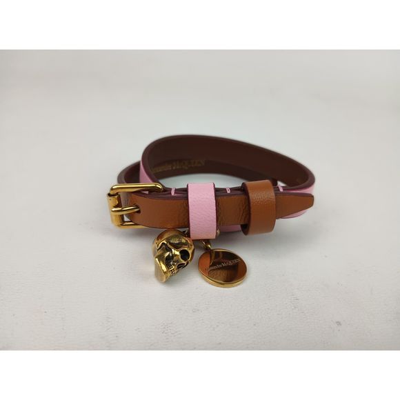 Alexander McQueen Pink Brown Leather Double Wrap Bracelet Skull Charms - Picture 1 of 6